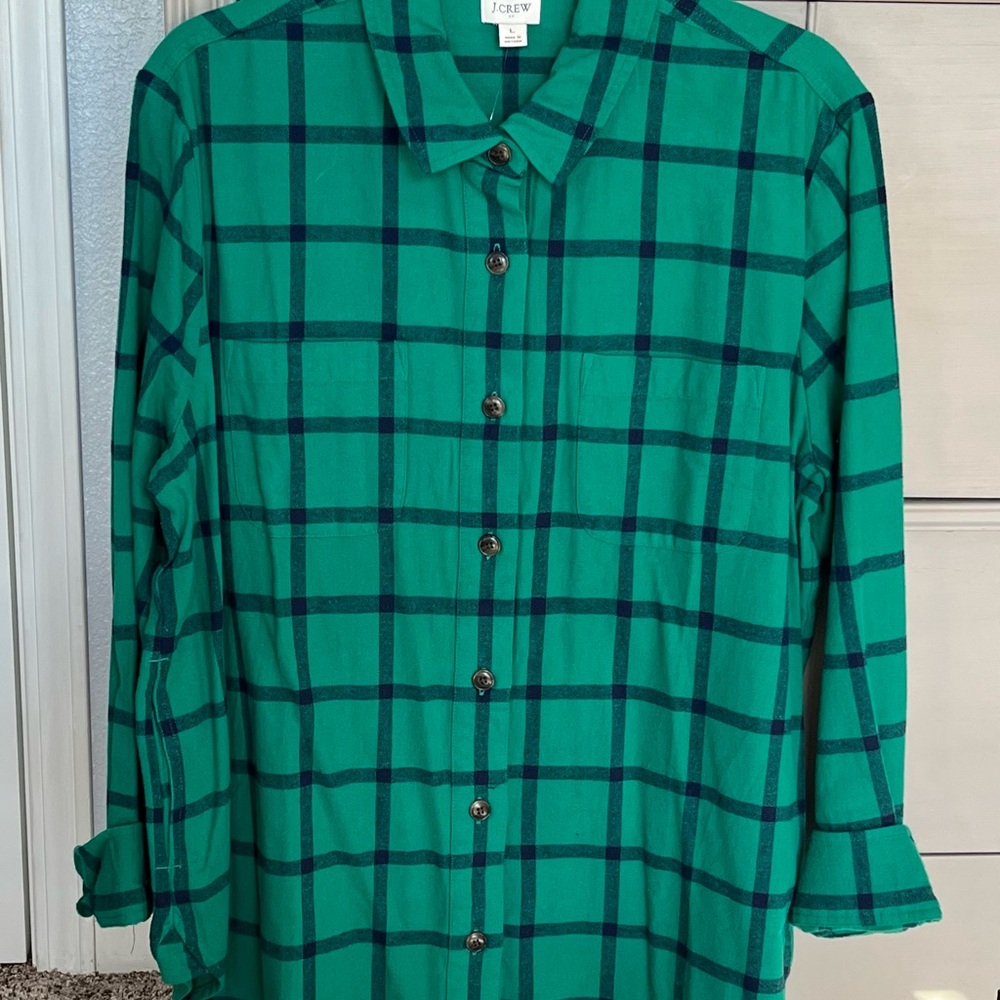 J.Crew Woman’s Plaid Flannel Shirt-Jacket in Teal and Navy Plaid Shirt